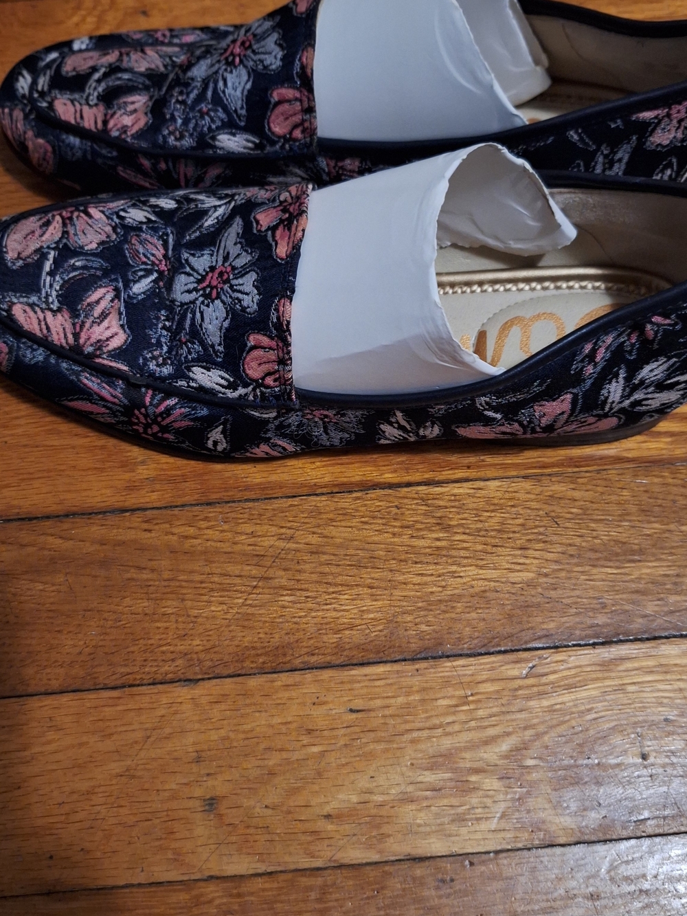 Sam Edelman Black Floral Jacquard Loafers with Pink and Gray Flowers - Picture 4 of 4